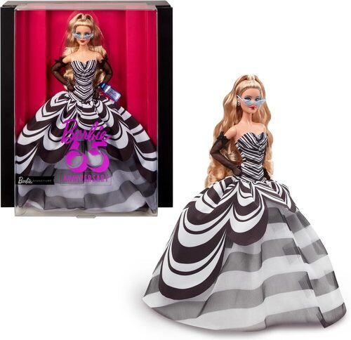 Barbie Signature 65° Anniversario - Bambola Glamour da Collezione con Capelli Biondi, Abito Bianco e Nero, Orecchini e Occhiali da Sole con Zaffiro
