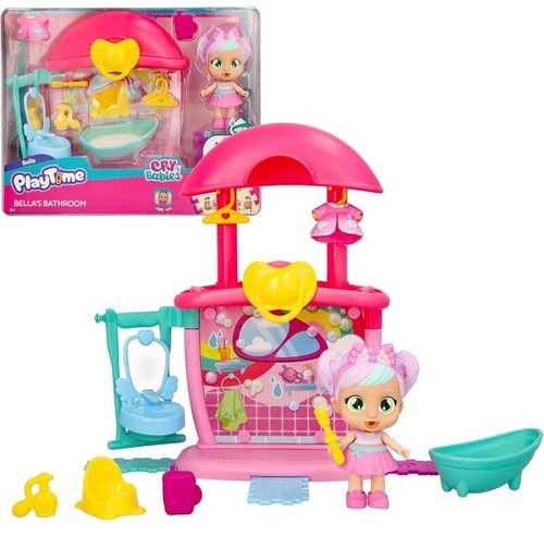 PLAYTIME CRY BABIES il Bagno di Bella, Bambola con Mini Playset del Bagno Di Bella, Con 14+ Accessori, che Piange Lacrime Vere con Funzione Magica