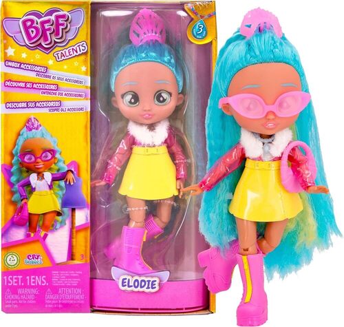 BFF BY CRY BABIES Elodie - Collezionabile Bambola Fashion con lunghi Capelli, vestiti in tessuto e 9 accessori