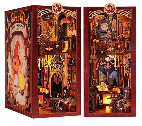 TQVLNMCR Kit Angolo Libri, Kit Fai da Te for Angolo Libri in Miniatura for casa delle Bambole for Adulti, Puzzle 3D, fermalibri in Legno, Decorazione for Inserto libreria, Regalo(G Flame Common Room)