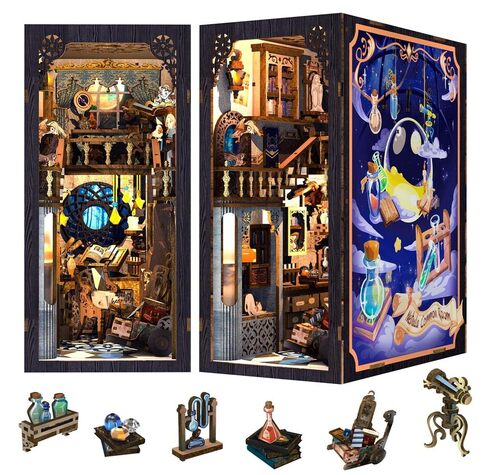 Fsolis DIY Book Nook, Casa delle Bambole Con Copertura Antipolvere, Miniatura Diorama Book Nook Kit con Luce LED, 3D Modellazione in Legno(The Nebula Rest Room)