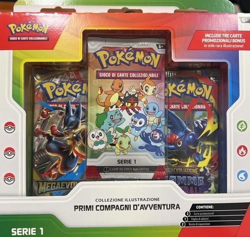 Pokémon: collezione illustrazione Primi compagni d’avventura - Serie 1 del GCC Pokémon (tre carte promozionali, due buste di espansione e un foglio di adesivi), Edizione in Italiano