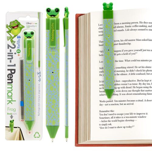 Gifts for Readers & Writers Penmark - Segnalibro 2 in 1 a forma di rana, sottile e piatto, da 0,4 cm, per leggere e scrivere, con 2 ricariche, multiuso ed elegante
