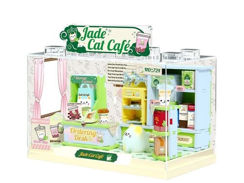 I-TOTAL® - Shop in a Box Kit Creativo Fai da Te Miniatura 3D Costruisci e Colleziona Negozi Stile Pastello, Modellino con Dettagli Decorativi - Idea Regalo (MINI WORLD) (JADE CAT CAFE)