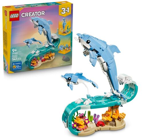 LEGO Creator 3 in 1 Animali Marini: Meravigliosi Delfini Giocattolo - Si Trasforma in Cavalluccio Marino o in Granchio - Decorazione Camera da Letto - Regalo per Bambine e Bambini da 9 Anni - 31385