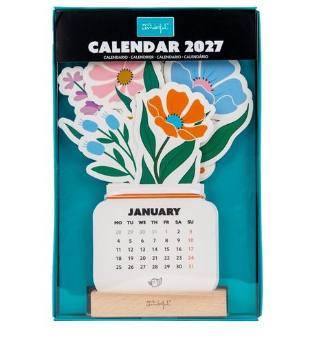 Calendario da tavolo 2027 con supporto in legno - fiori