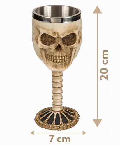 MIJOMA Bicchiere da vino 3D con teschio, in pietra artificiale e acciaio inox, medievale vichingo, capacità 300 ml